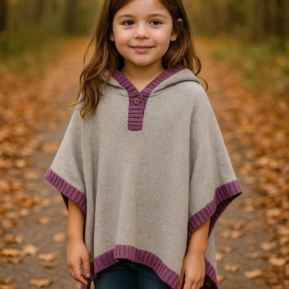Ruffle Butts Adorable Hooded Gray/Purple Poncho Sweater - Girls 6/7